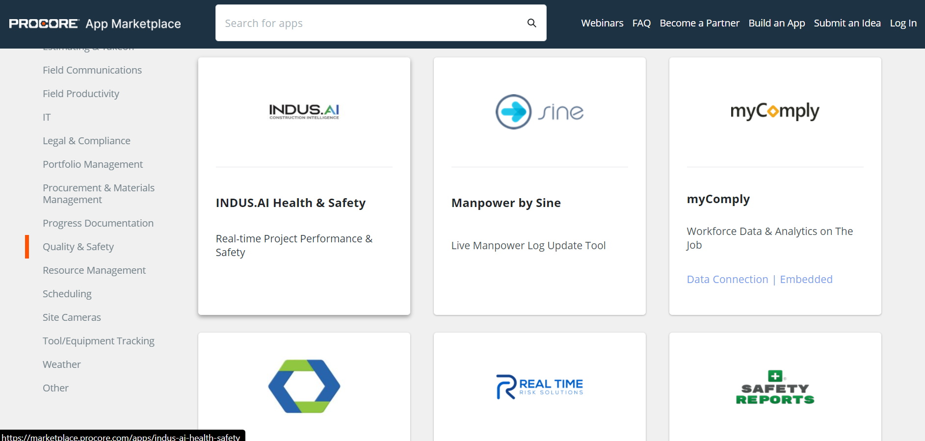 screenshot of procore's app marketplace