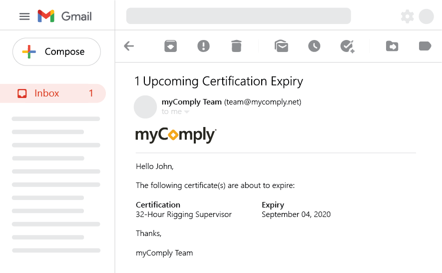 myComply expiry notification for worker training certificate