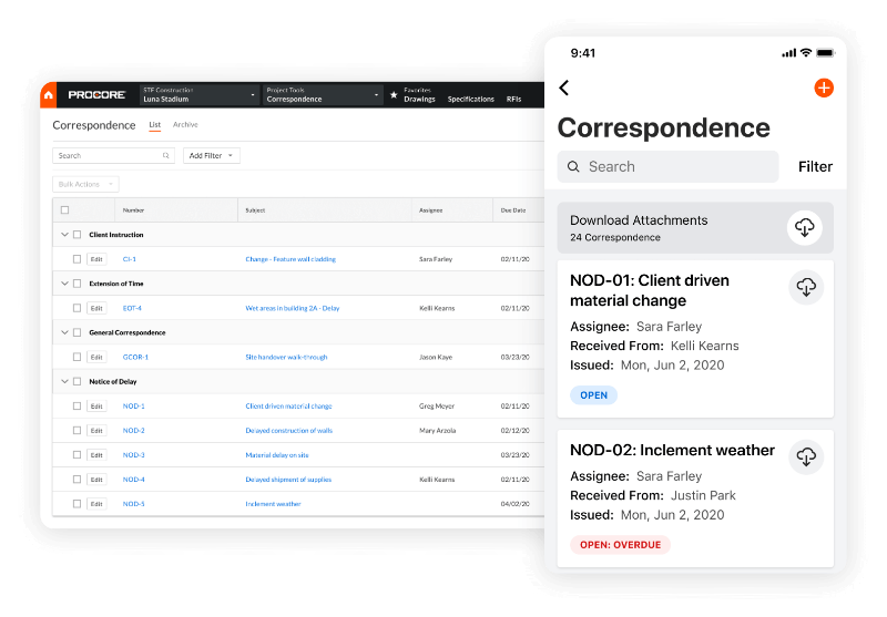 procore project management software screenshot showing correspondence on mobile and desktop