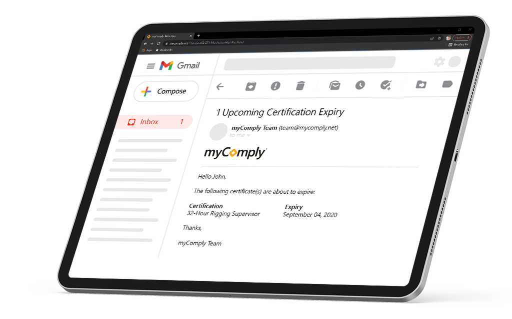 upcoming certification expiry email mycomply