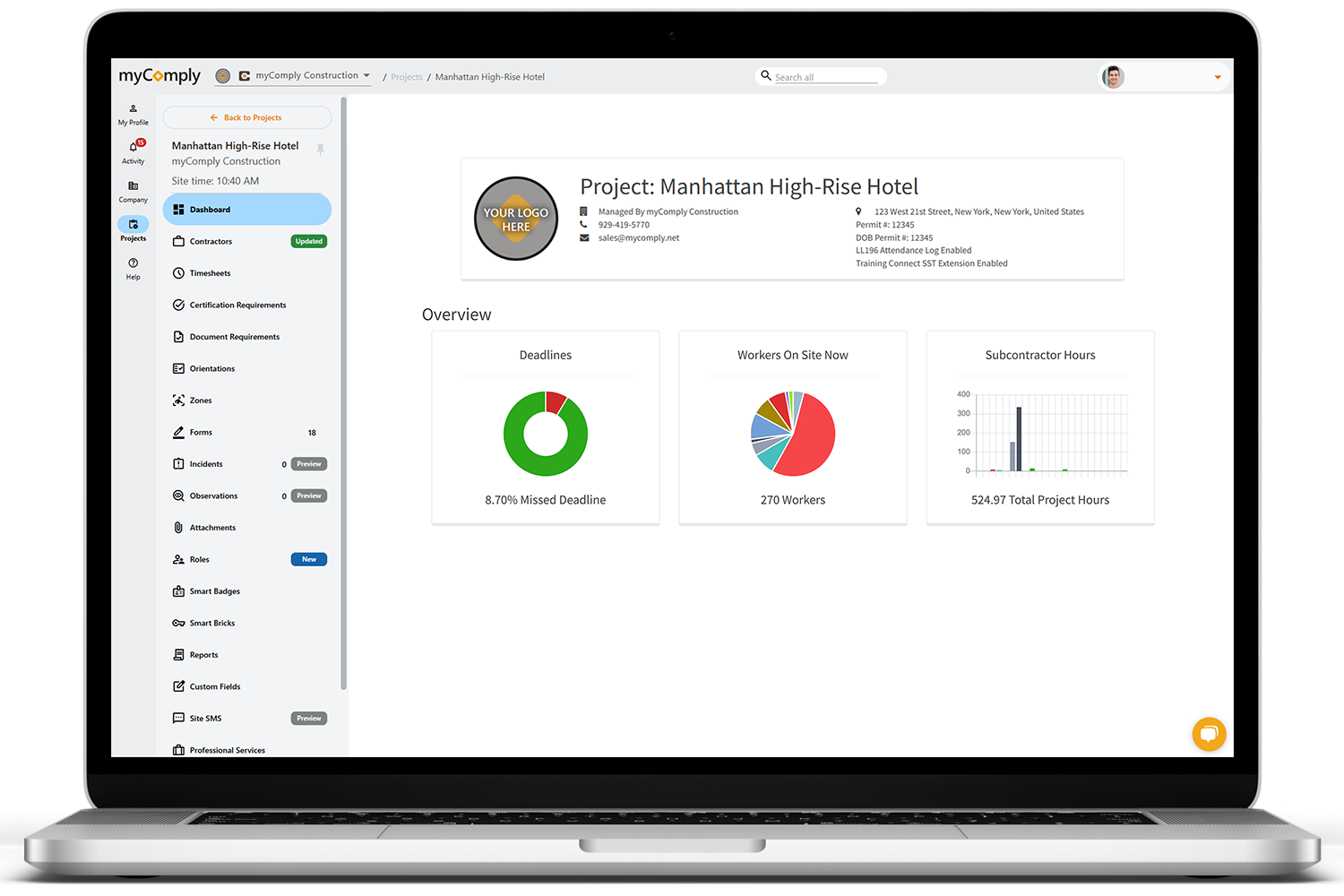 project dashboard on myComply